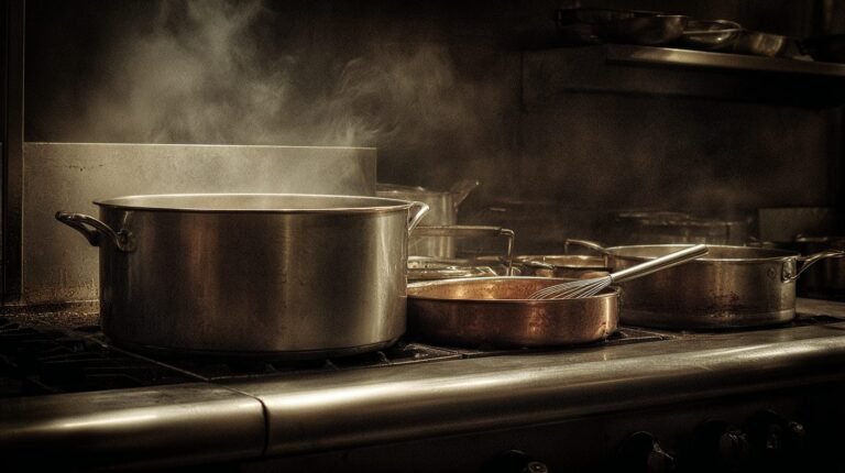 Stockpot and saucepans on a stove with aromatics, illustrating classical stock and mother sauce technique