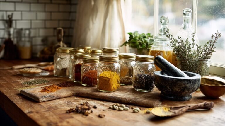 Glass jars of whole and ground spices with a mortar and pestle and fresh thyme on a wooden kitchen counter