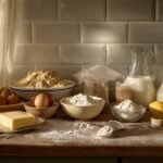 Common baking and cooking ingredients arranged on a kitchen counter for ingredient substitution reference