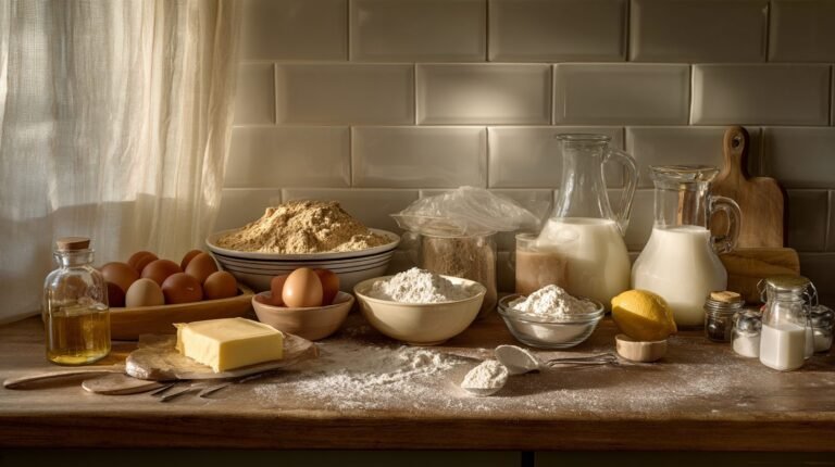 Common baking and cooking ingredients arranged on a kitchen counter for ingredient substitution reference