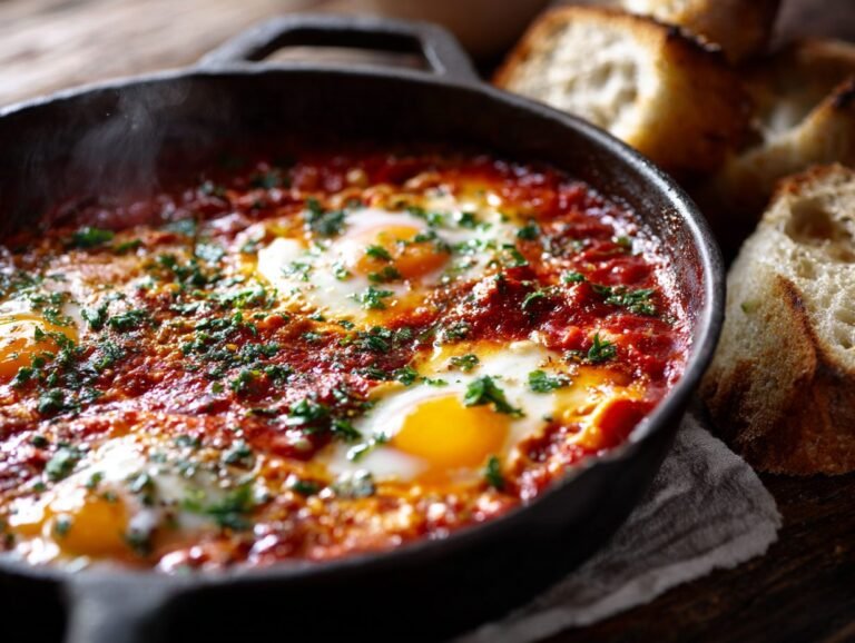 Shakshuka with eggs poached in spiced tomato sauce in a cast iron skillet